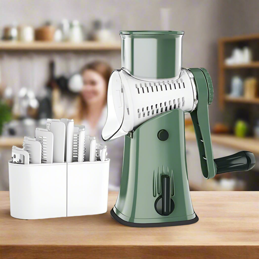Premium Rotary Cheese Grater - 5-in-1 Manual Handheld Shredder with Suction Base - Perfect for Cheese, Vegetables, and More