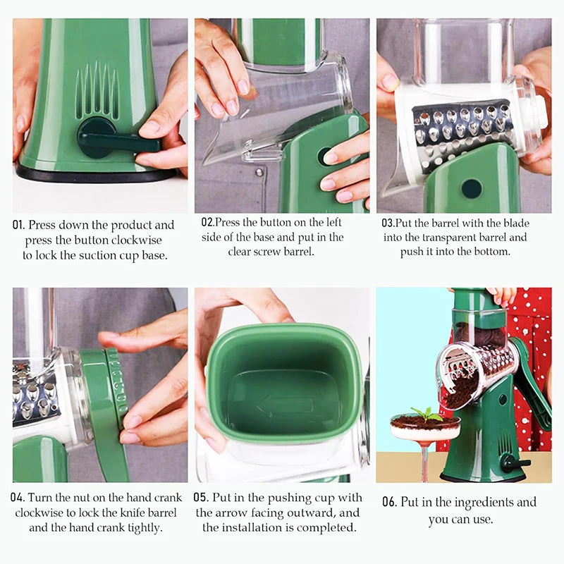 Premium Rotary Cheese Grater - 5-in-1 Manual Handheld Shredder with Suction Base - Perfect for Cheese, Vegetables, and More