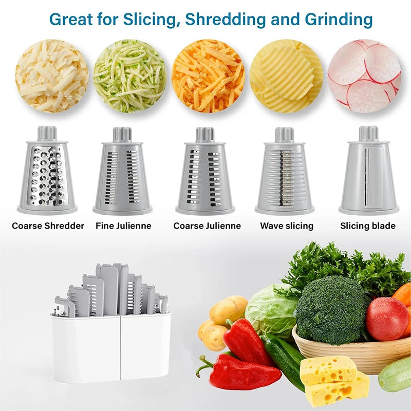 Premium Rotary Cheese Grater - 5-in-1 Manual Handheld Shredder with Suction Base - Perfect for Cheese, Vegetables, and More