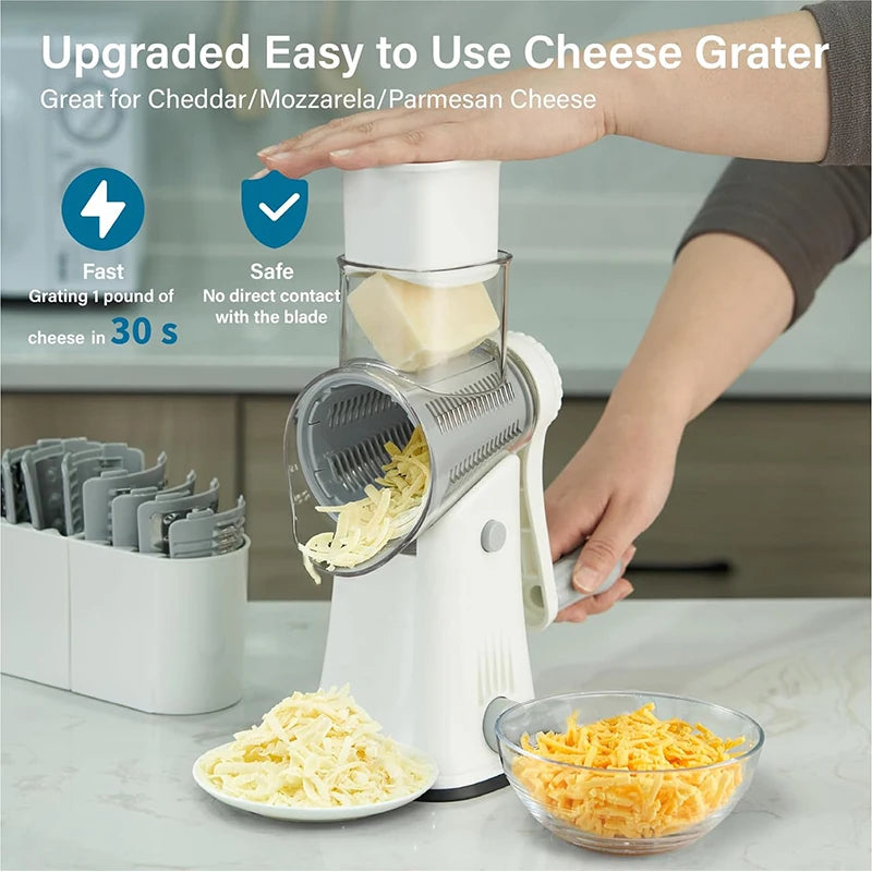 Premium Rotary Cheese Grater - 5-in-1 Manual Handheld Shredder with Suction Base - Perfect for Cheese, Vegetables, and More