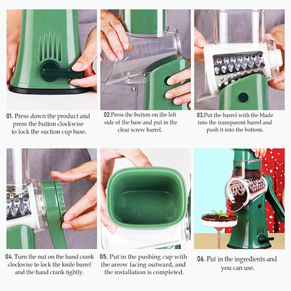 Premium Rotary Cheese Grater - 5-in-1 Manual Handheld Shredder with Suction Base - Perfect for Cheese, Vegetables, and More